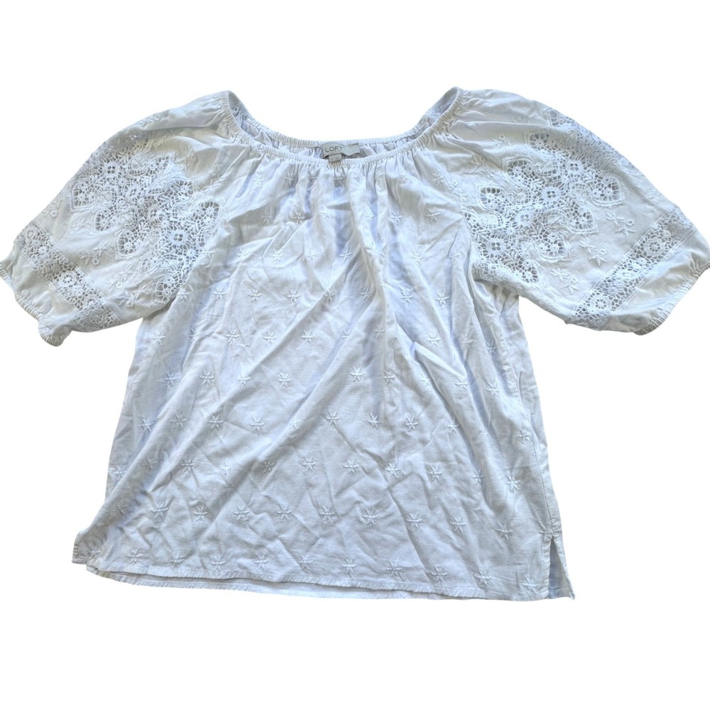 LOFT White Eyelet Crochet Lace Peasant Blouse Womens Small Scoop Neck Top Stars